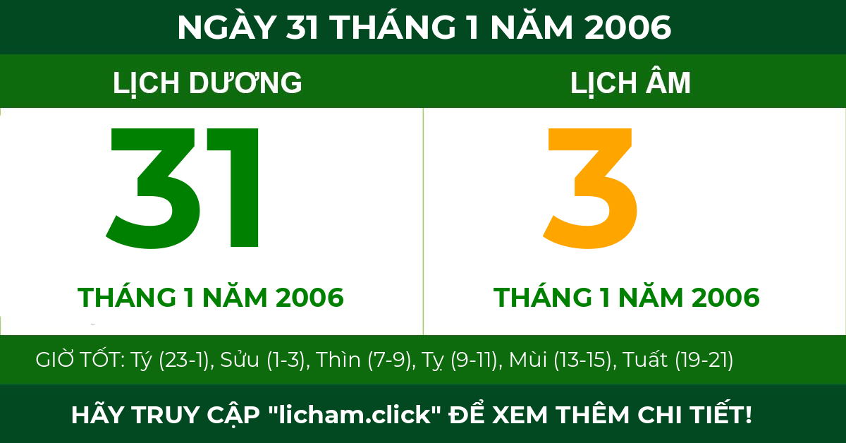lịch âm ngày 31 tháng 1 năm 2006