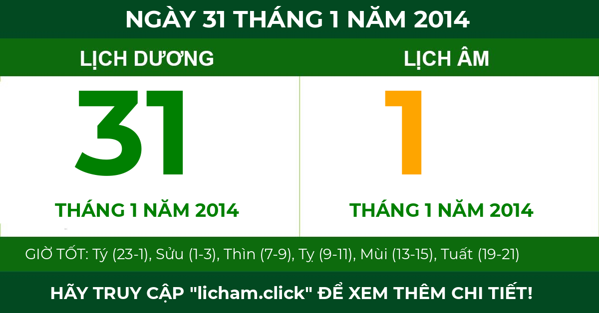 lịch âm ngày 31 tháng 1 năm 2014