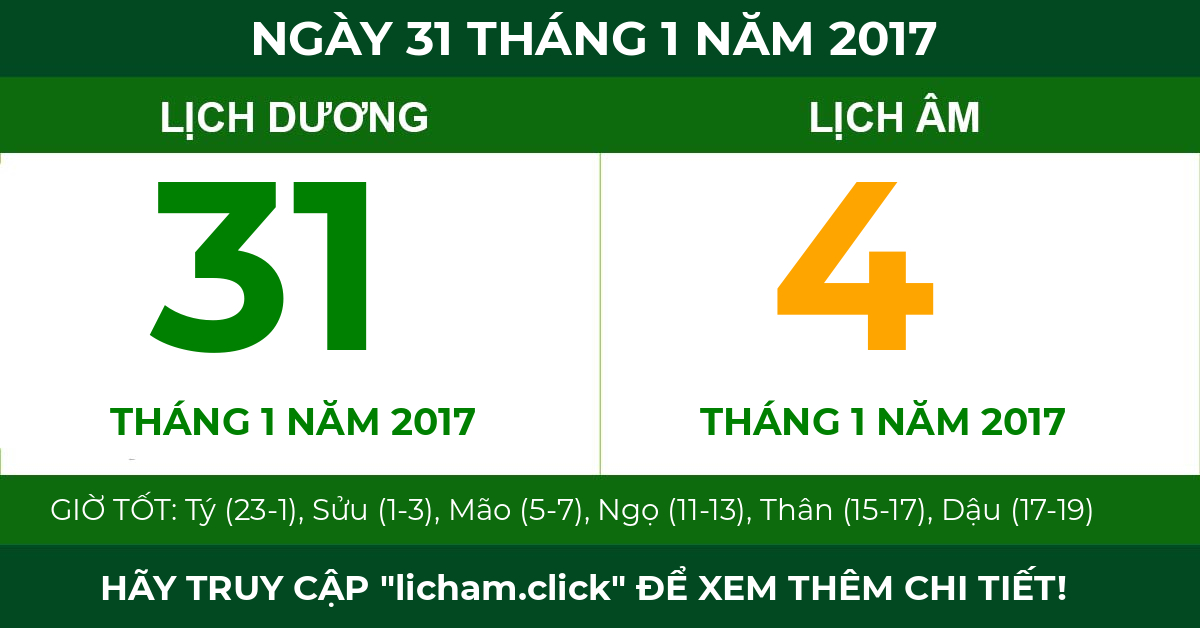 lịch âm ngày 31 tháng 1 năm 2017
