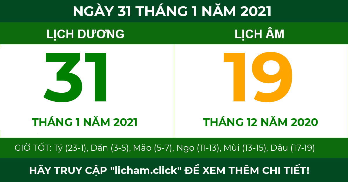 lịch âm ngày 31 tháng 1 năm 2021
