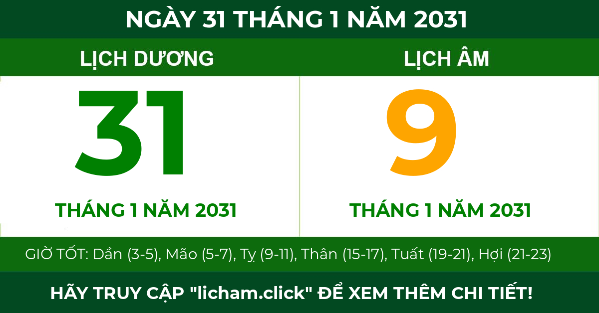 lịch âm ngày 31 tháng 1 năm 2031
