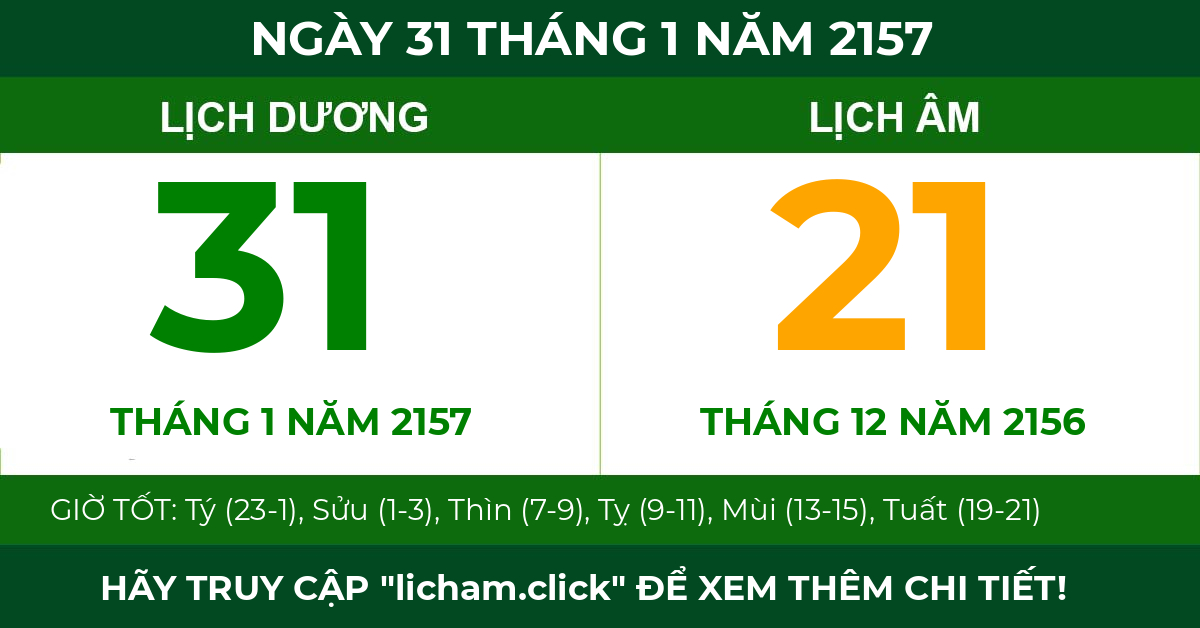 lịch âm ngày 31 tháng 1 năm 2157