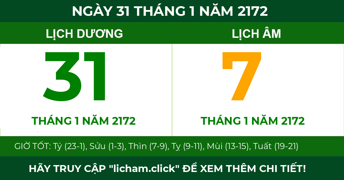 lịch âm ngày 31 tháng 1 năm 2172