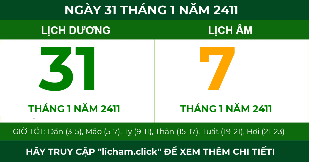 lịch âm ngày 31 tháng 1 năm 2411