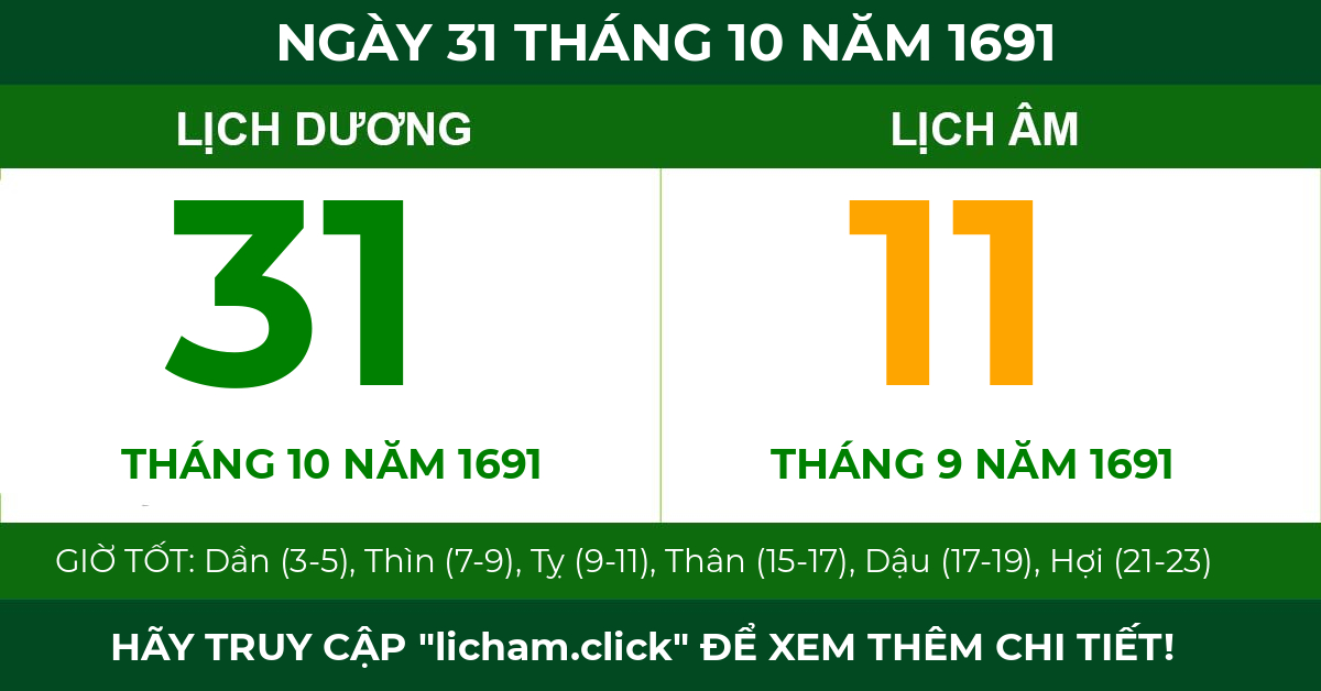 lịch âm ngày 31 tháng 10 năm 1691