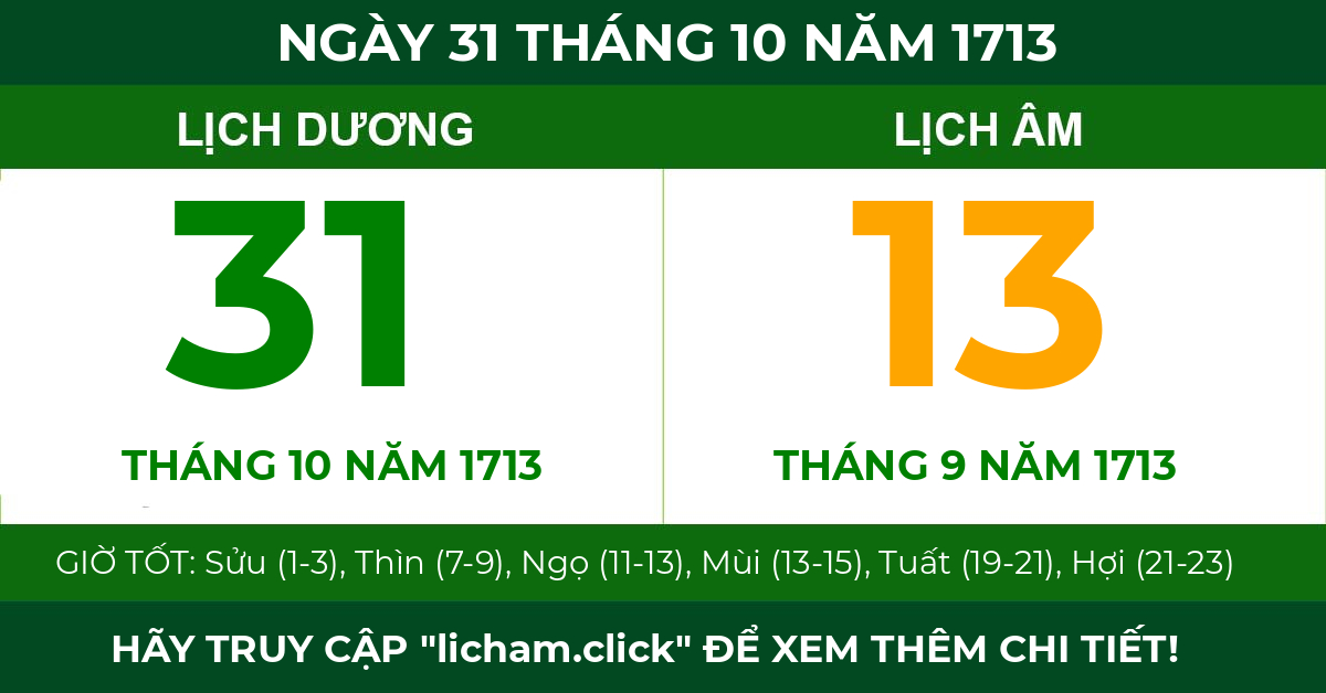 lịch âm ngày 31 tháng 10 năm 1713
