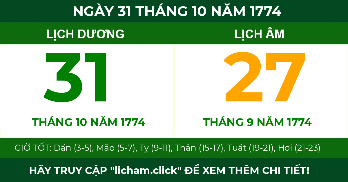 lịch âm ngày 31 tháng 10 năm 1774