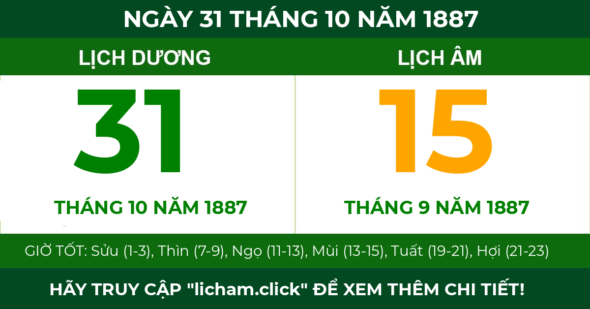 lịch âm ngày 31 tháng 10 năm 1887