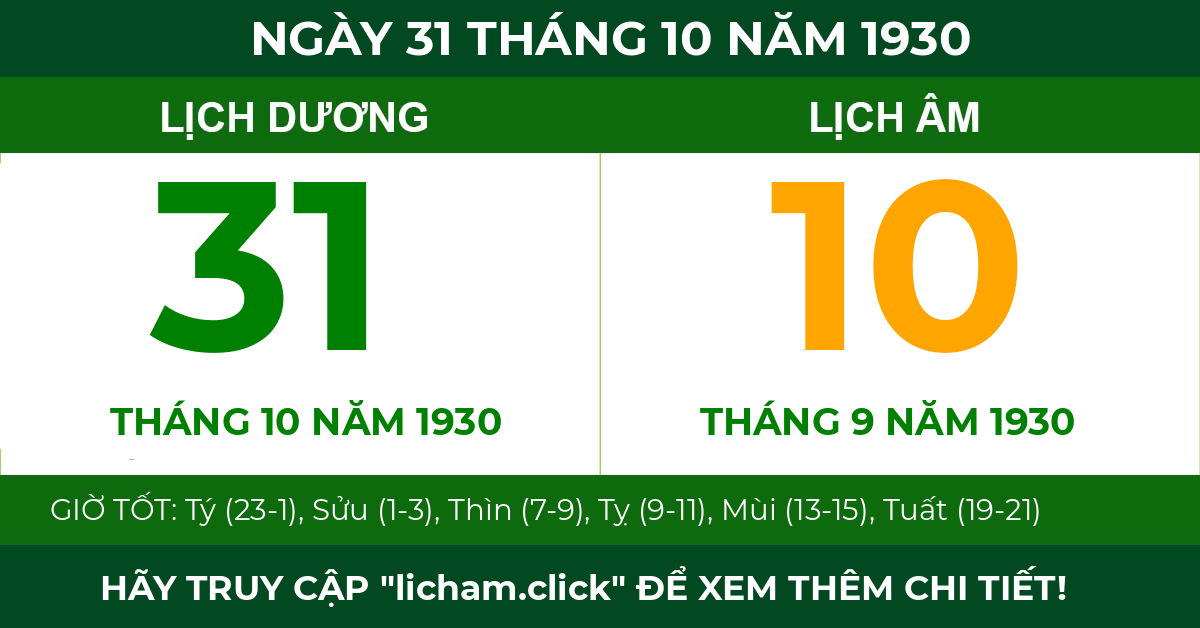 lịch âm ngày 31 tháng 10 năm 1930