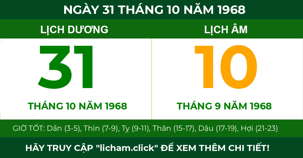 lịch âm ngày 31 tháng 10 năm 1968