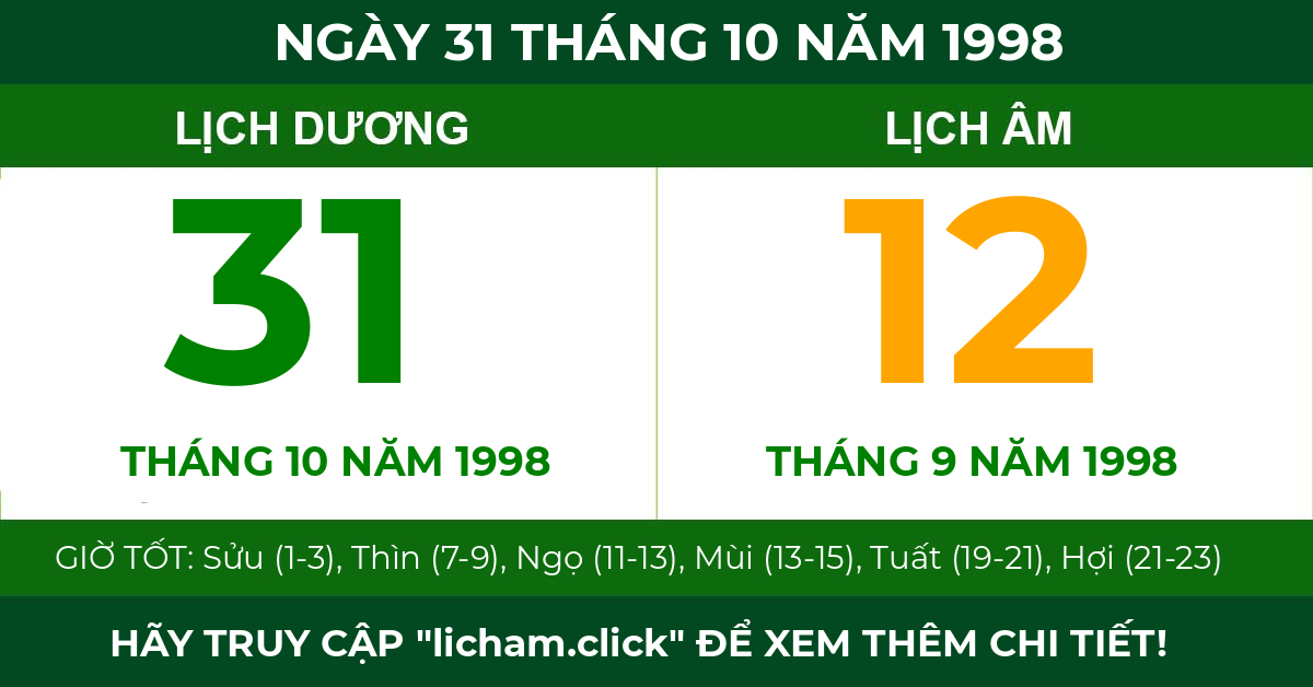 lịch âm ngày 31 tháng 10 năm 1998