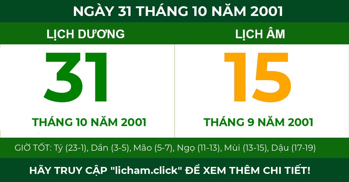 lịch âm ngày 31 tháng 10 năm 2001
