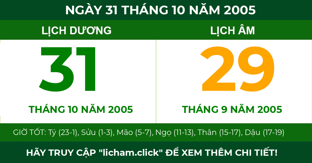 lịch âm ngày 31 tháng 10 năm 2005