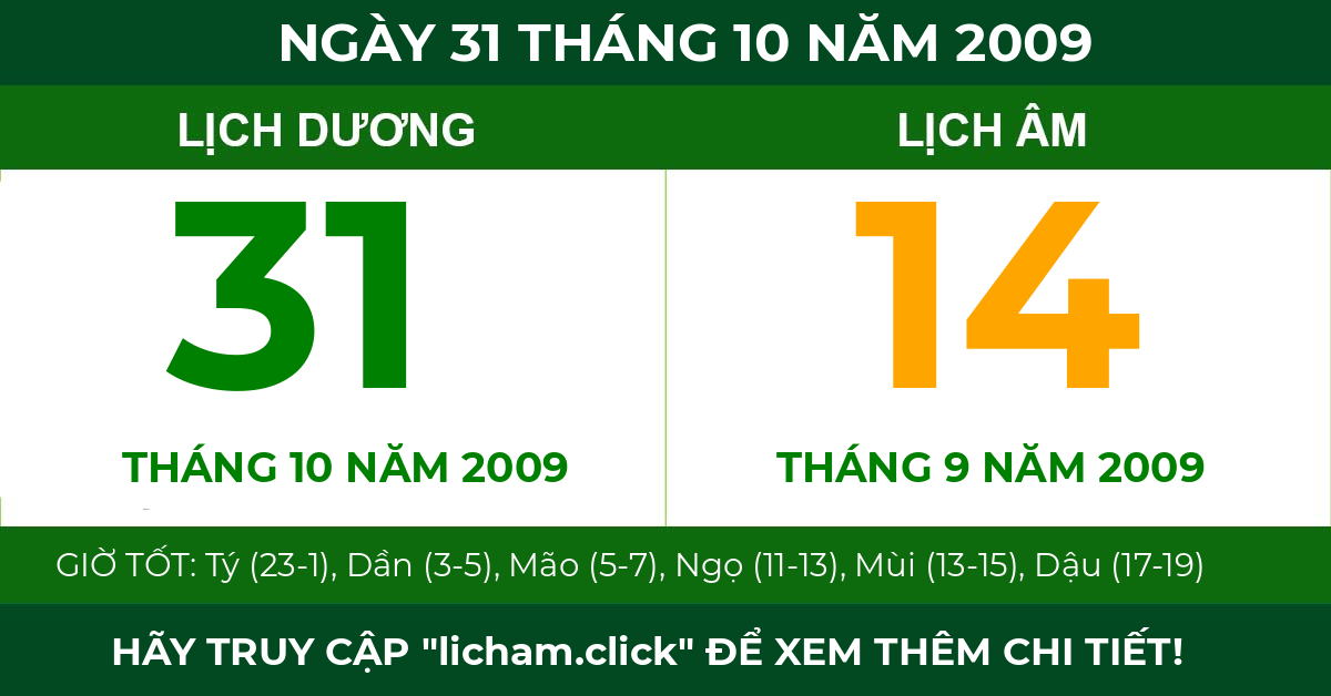 lịch âm ngày 31 tháng 10 năm 2009