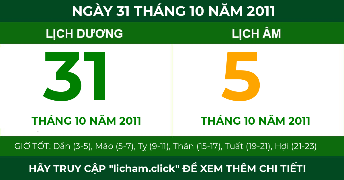 lịch âm ngày 31 tháng 10 năm 2011