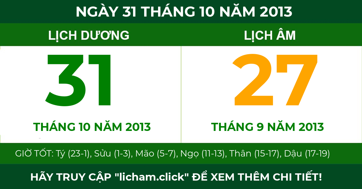 lịch âm ngày 31 tháng 10 năm 2013