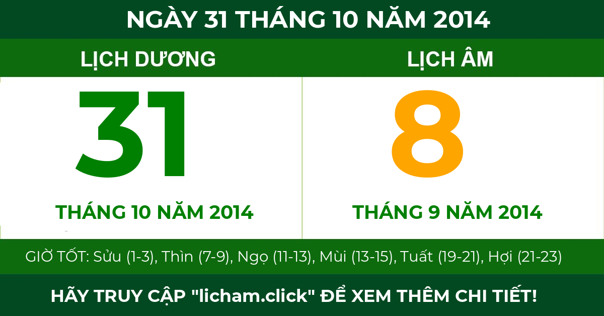 lịch âm ngày 31 tháng 10 năm 2014