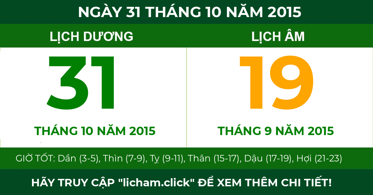 lịch âm ngày 31 tháng 10 năm 2015