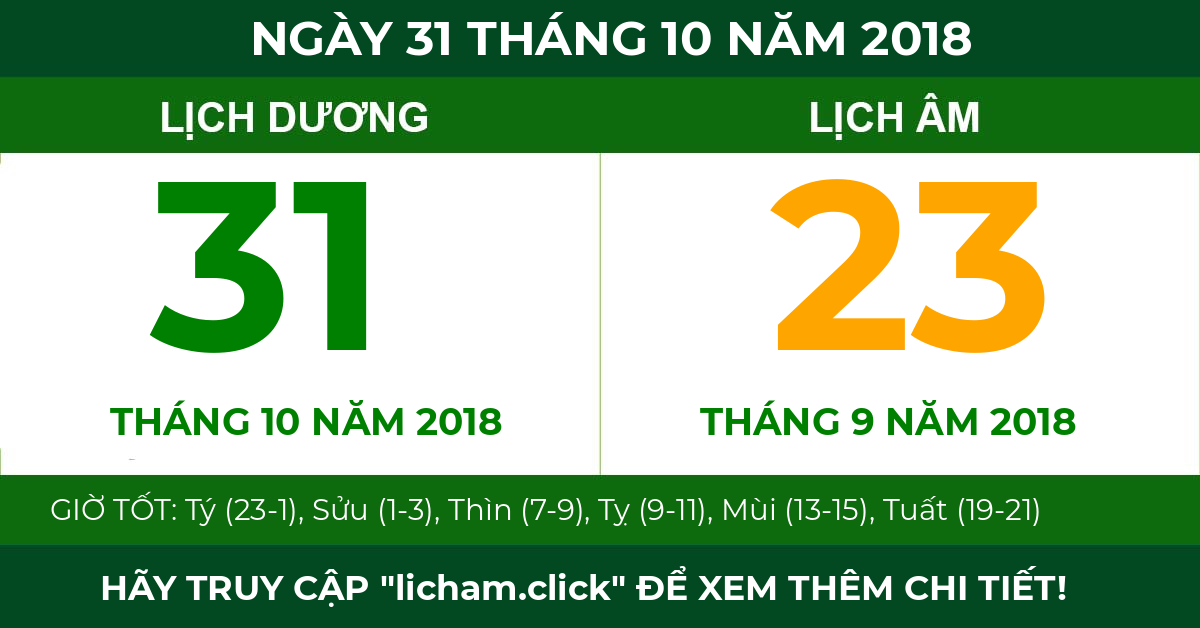 lịch âm ngày 31 tháng 10 năm 2018
