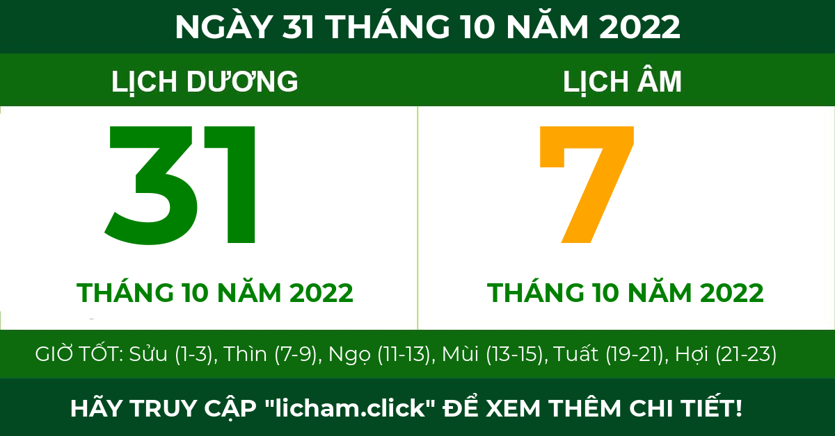 lịch âm ngày 31 tháng 10 năm 2022