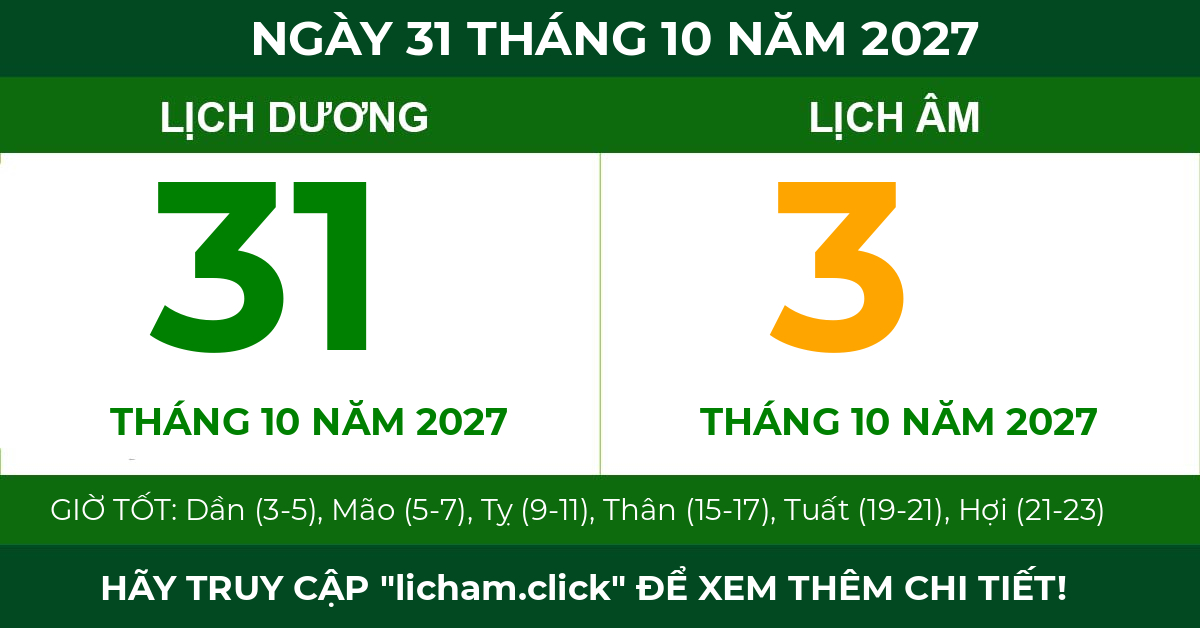 lịch âm ngày 31 tháng 10 năm 2027