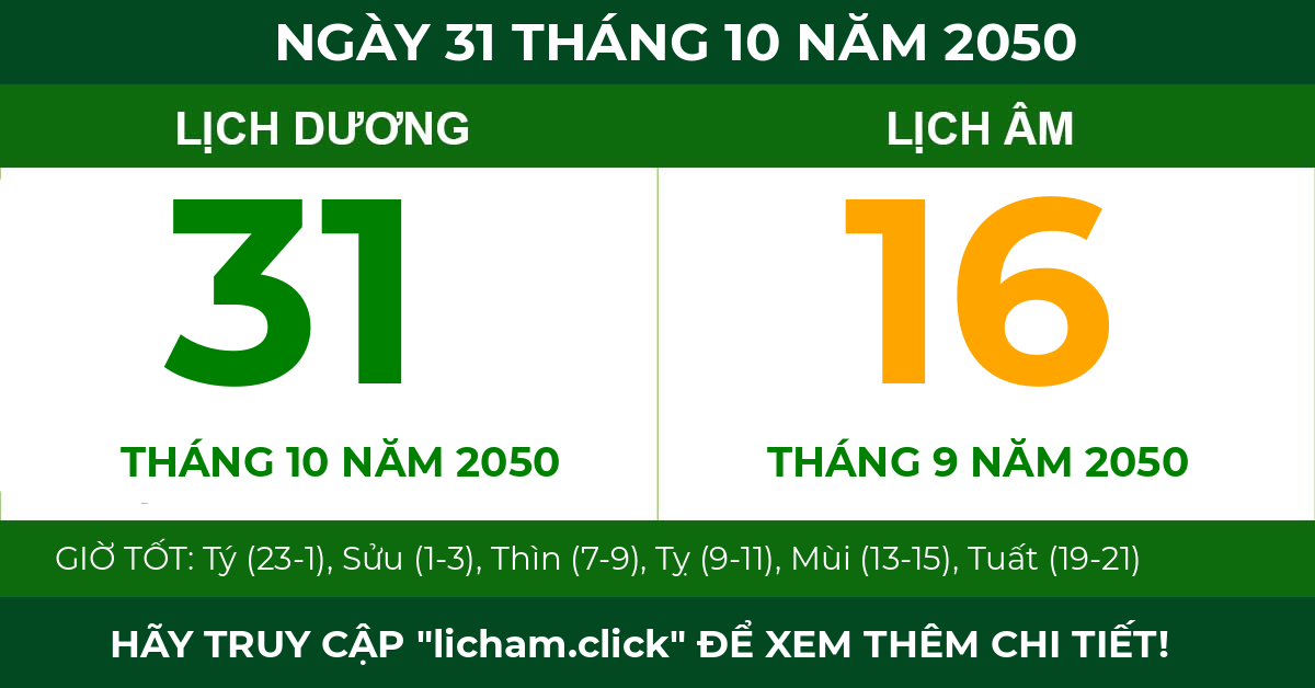 lịch âm ngày 31 tháng 10 năm 2050