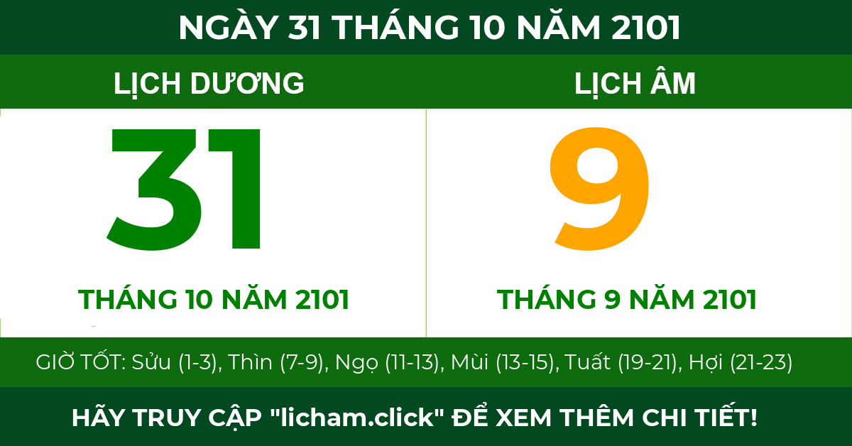 lịch âm ngày 31 tháng 10 năm 2101