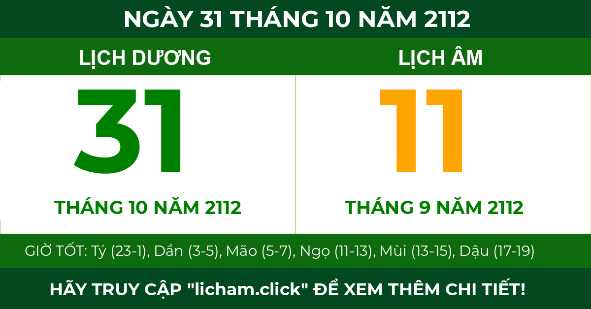 lịch âm ngày 31 tháng 10 năm 2112