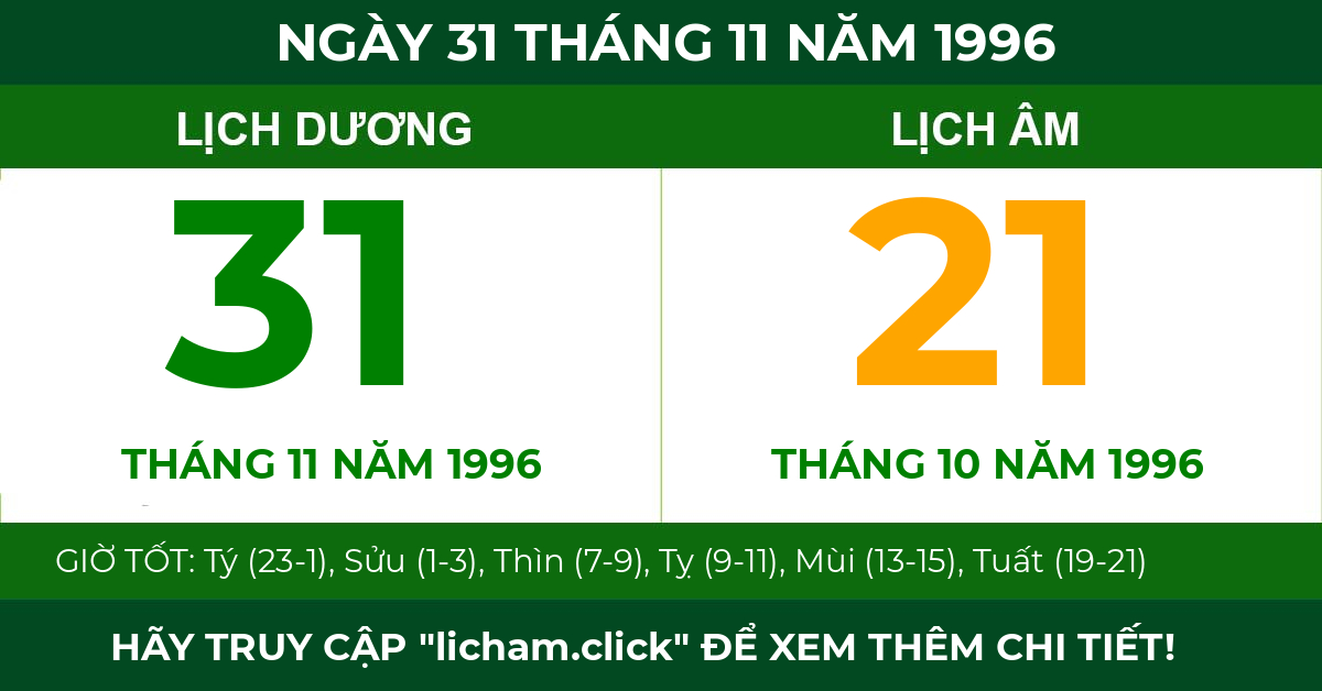 lịch âm ngày 31 tháng 11 năm 1996