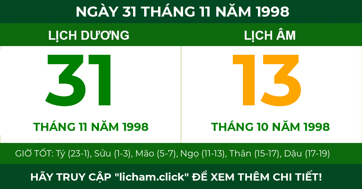 lịch âm ngày 31 tháng 11 năm 1998