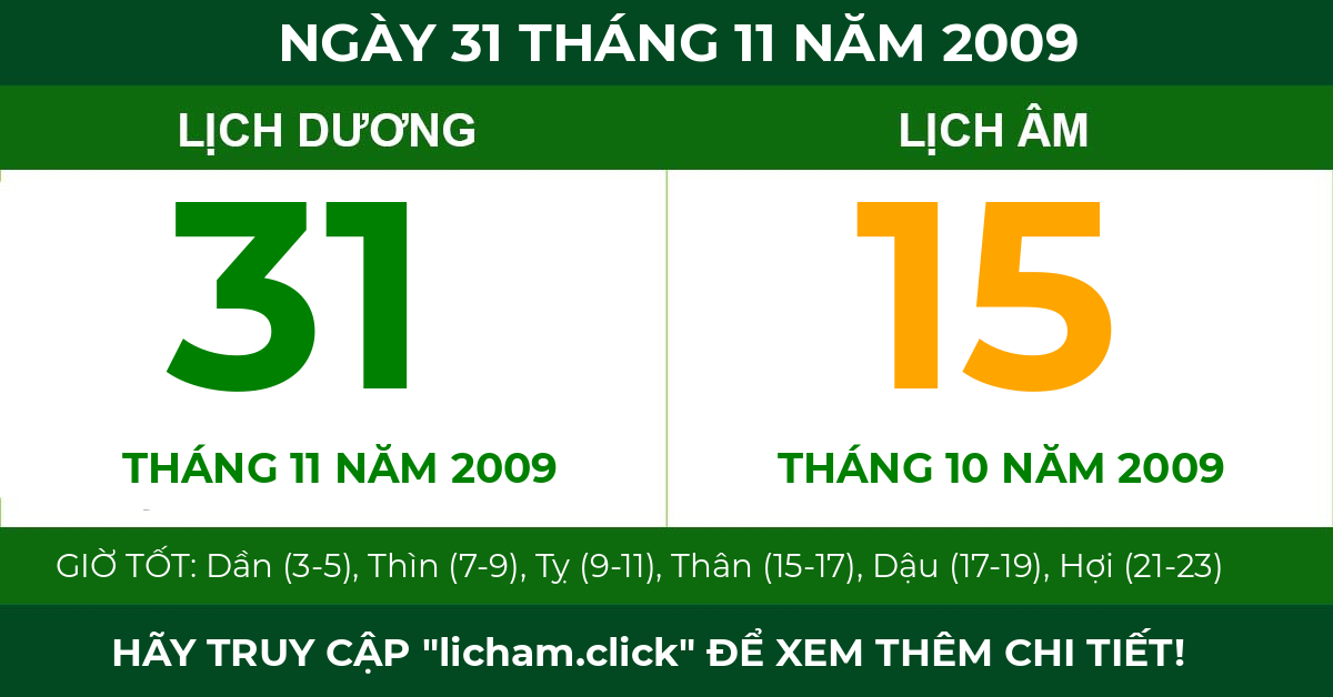 lịch âm ngày 31 tháng 11 năm 2009