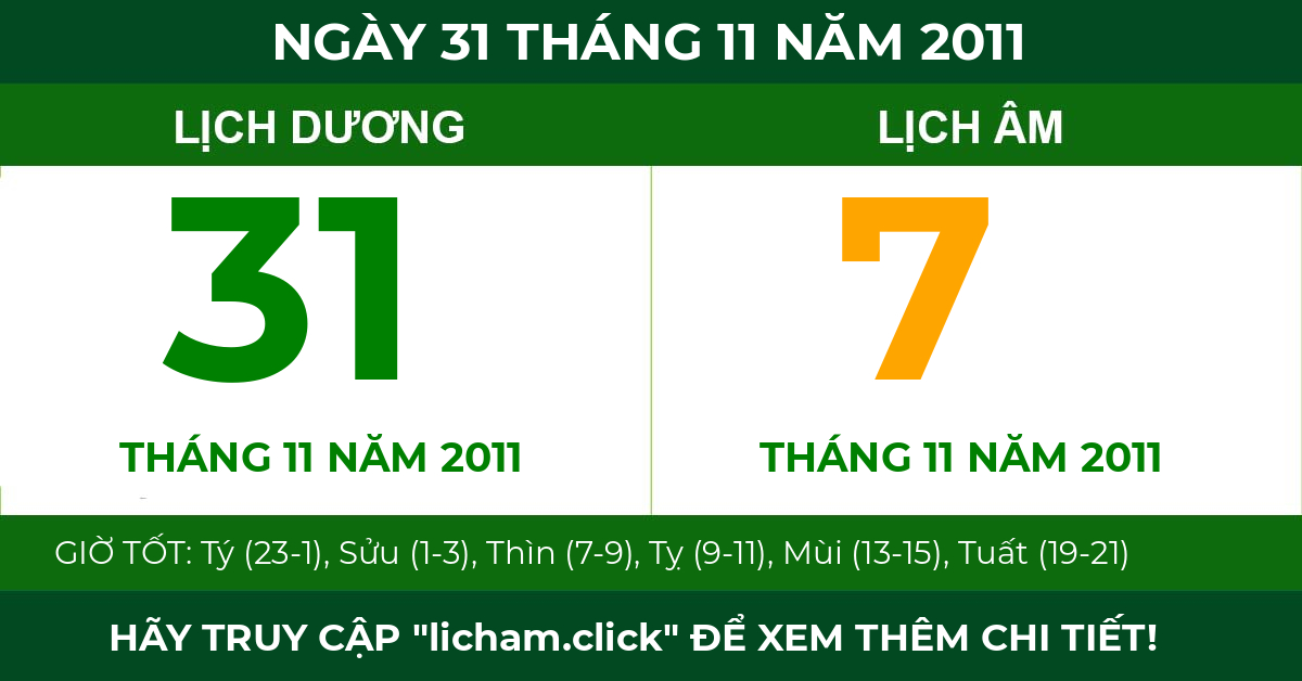 lịch âm ngày 31 tháng 11 năm 2011