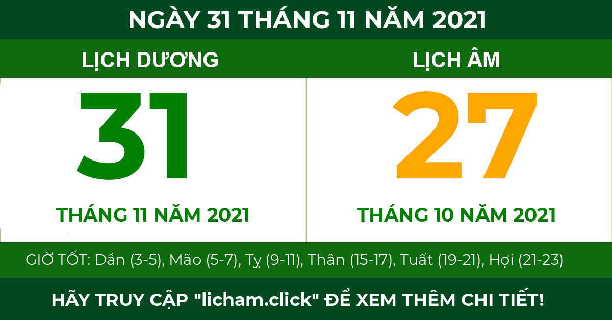 lịch âm ngày 31 tháng 11 năm 2021