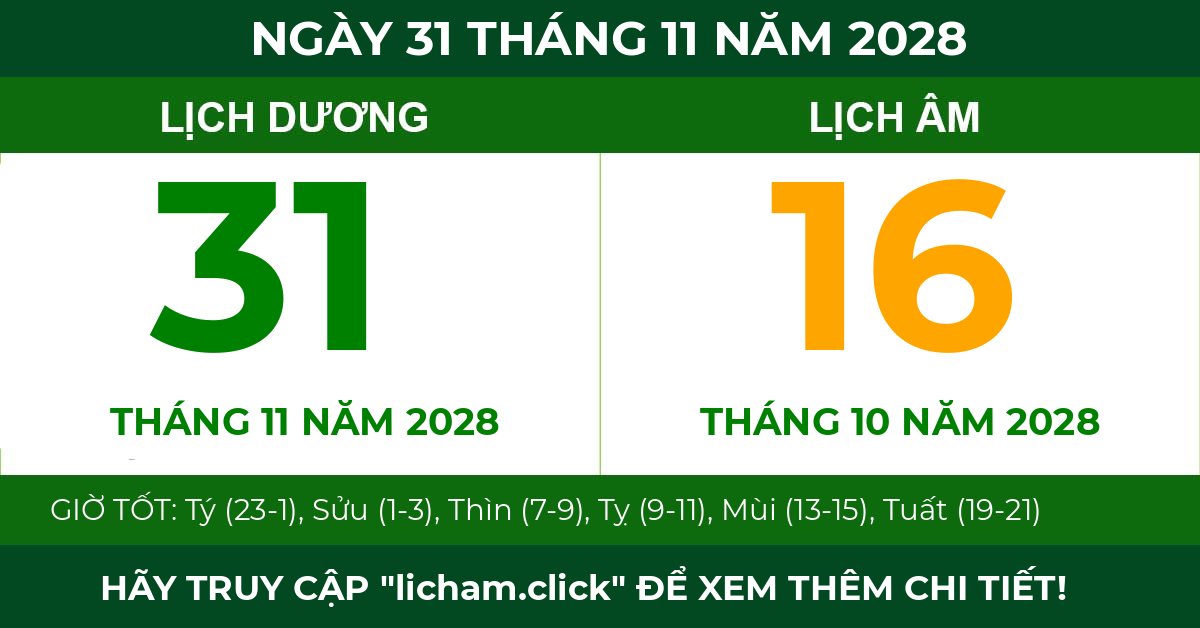 lịch âm ngày 31 tháng 11 năm 2028