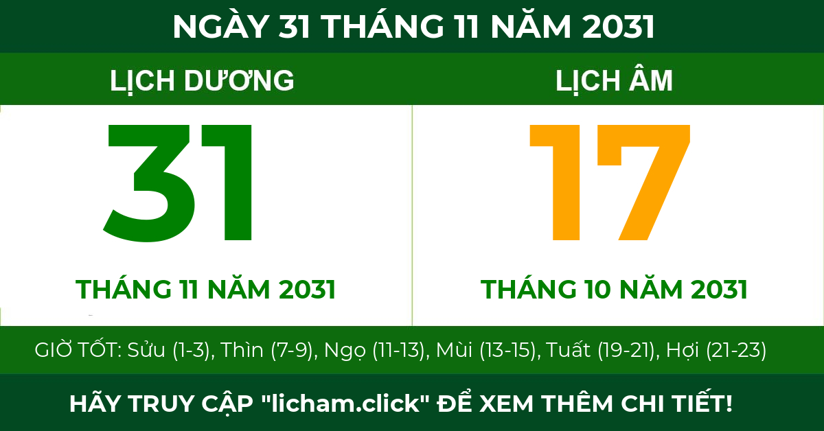 lịch âm ngày 31 tháng 11 năm 2031