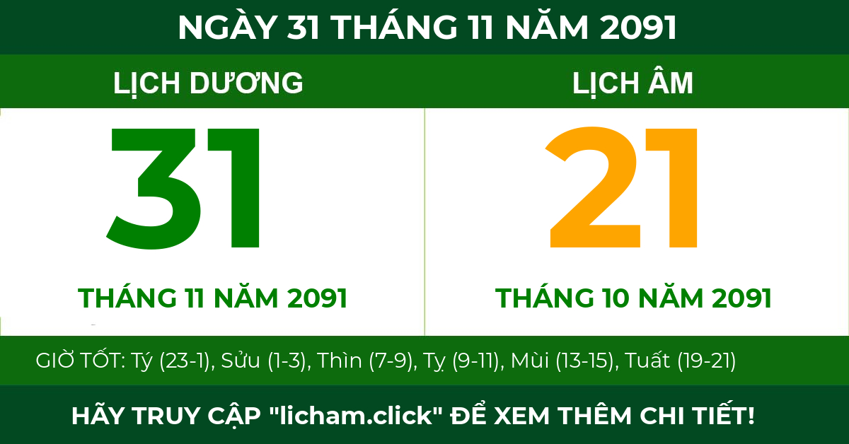 lịch âm ngày 31 tháng 11 năm 2091