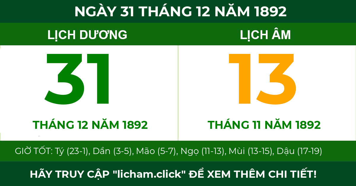 lịch âm ngày 31 tháng 12 năm 1892