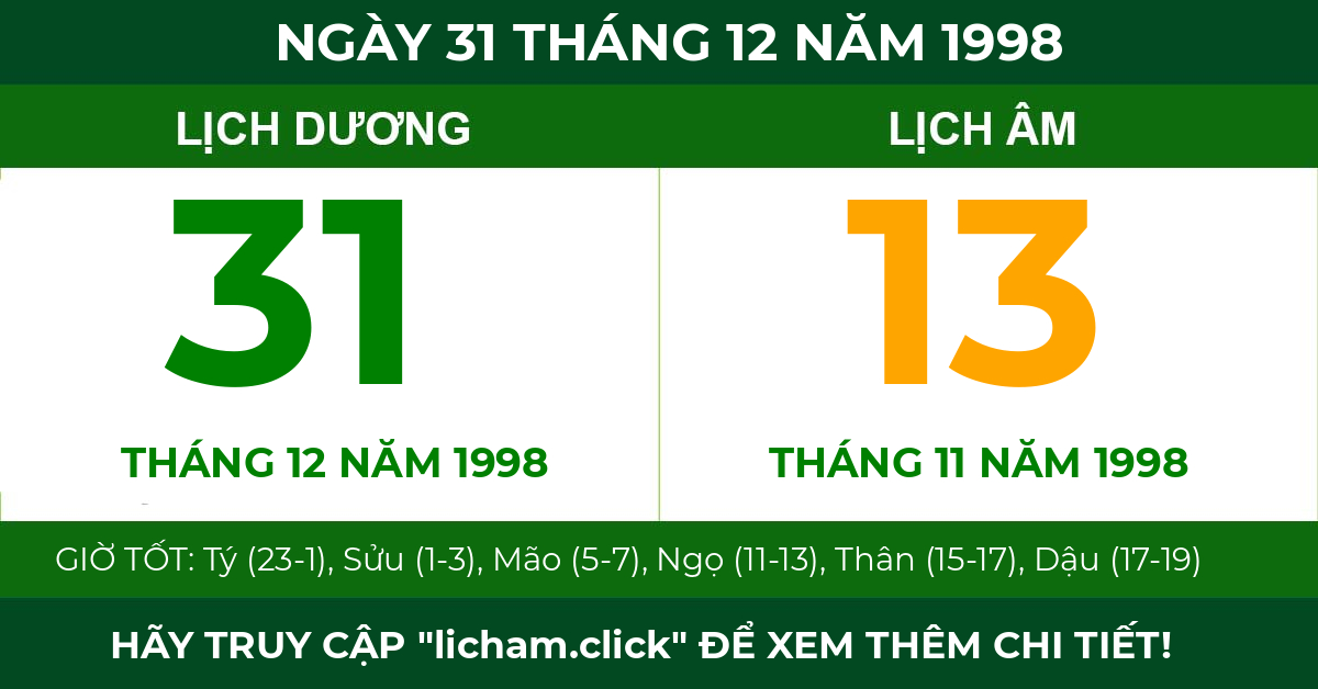lịch âm ngày 31 tháng 12 năm 1998