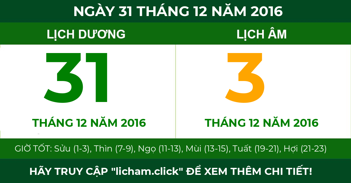 lịch âm ngày 31 tháng 12 năm 2016