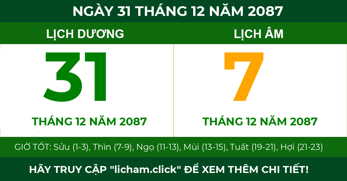 lịch âm ngày 31 tháng 12 năm 2087