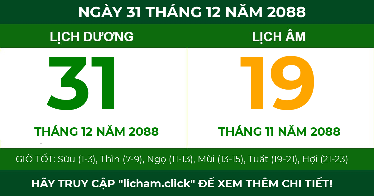 lịch âm ngày 31 tháng 12 năm 2088