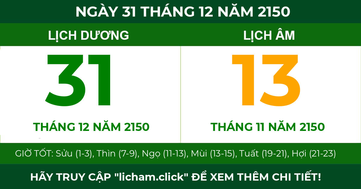 lịch âm ngày 31 tháng 12 năm 2150