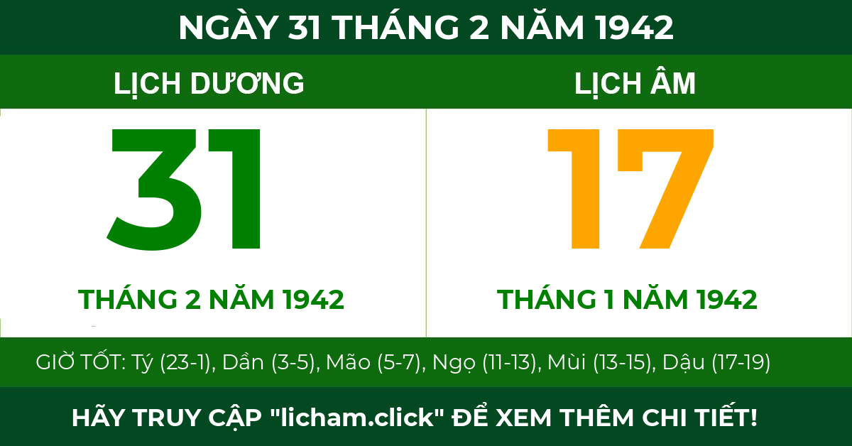 lịch âm ngày 31 tháng 2 năm 1942