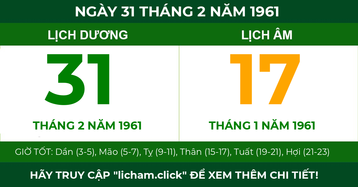 lịch âm ngày 31 tháng 2 năm 1961