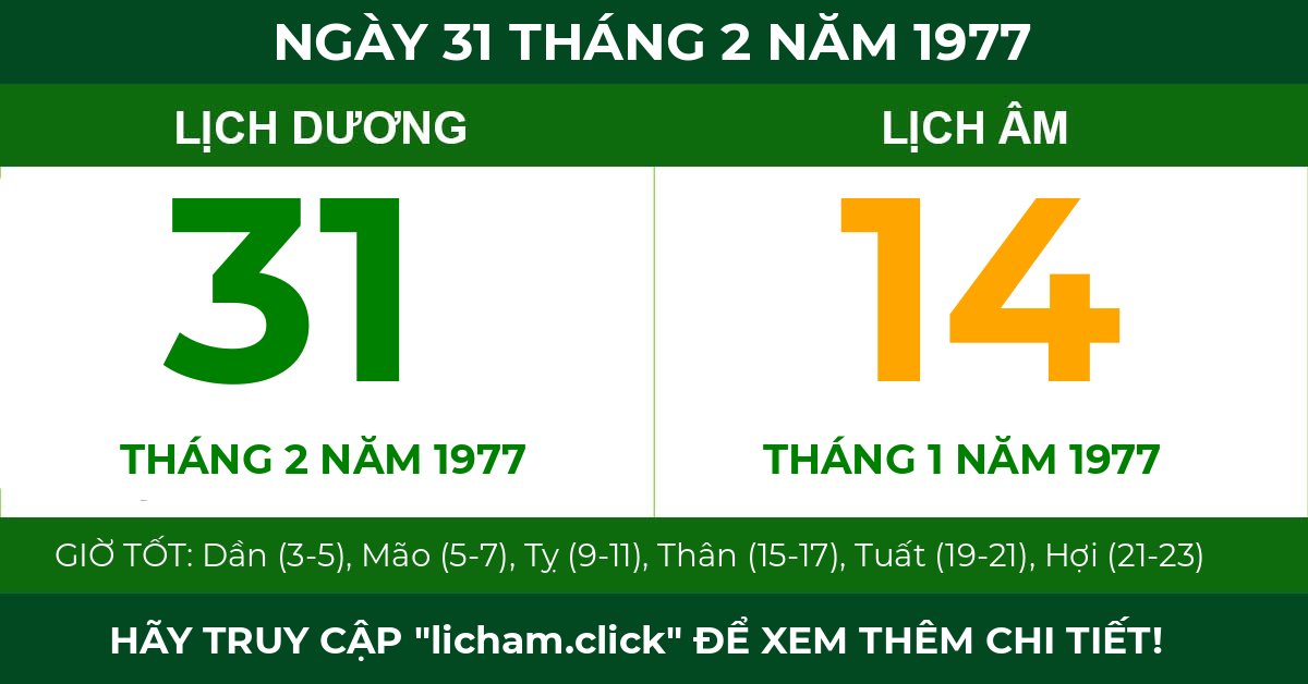 lịch âm ngày 31 tháng 2 năm 1977