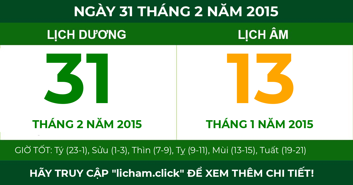 lịch âm ngày 31 tháng 2 năm 2015