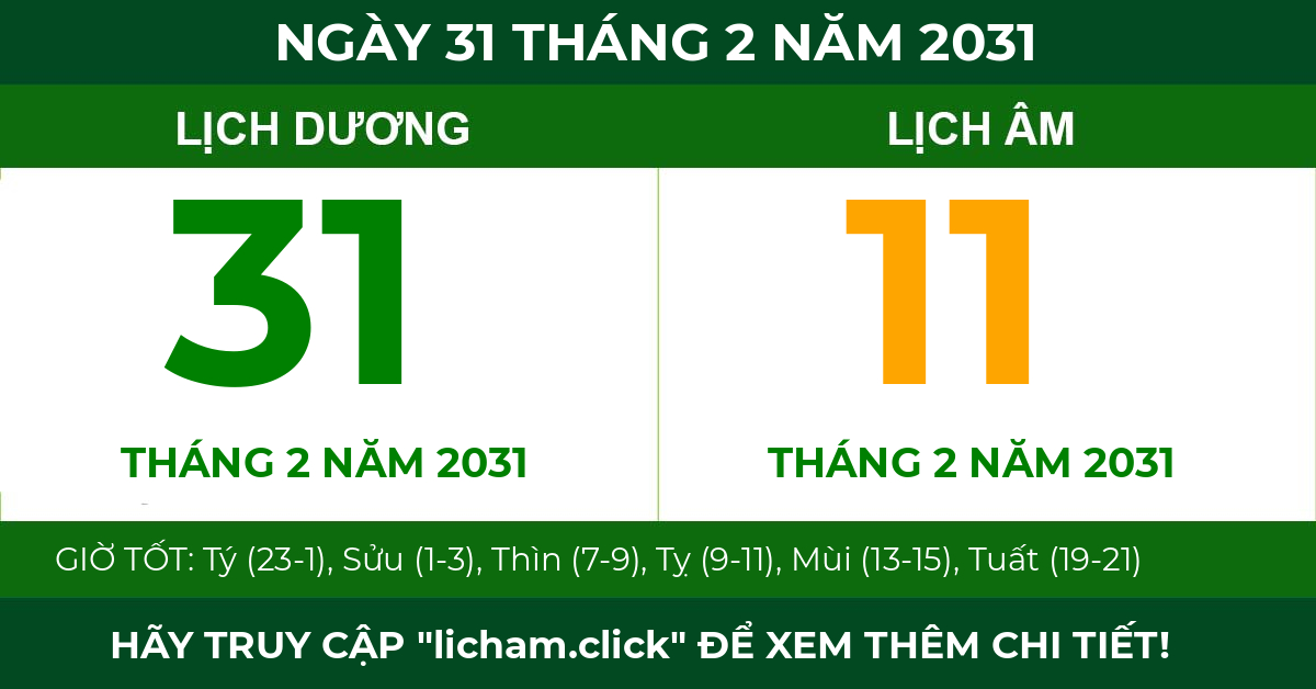 lịch âm ngày 31 tháng 2 năm 2031
