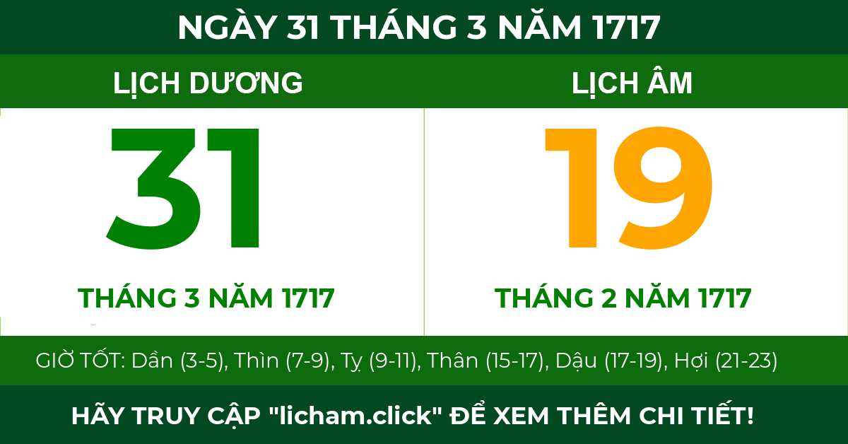 lịch âm ngày 31 tháng 3 năm 1717