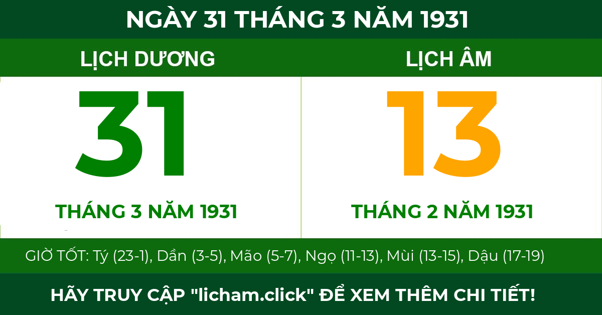 lịch âm ngày 31 tháng 3 năm 1931