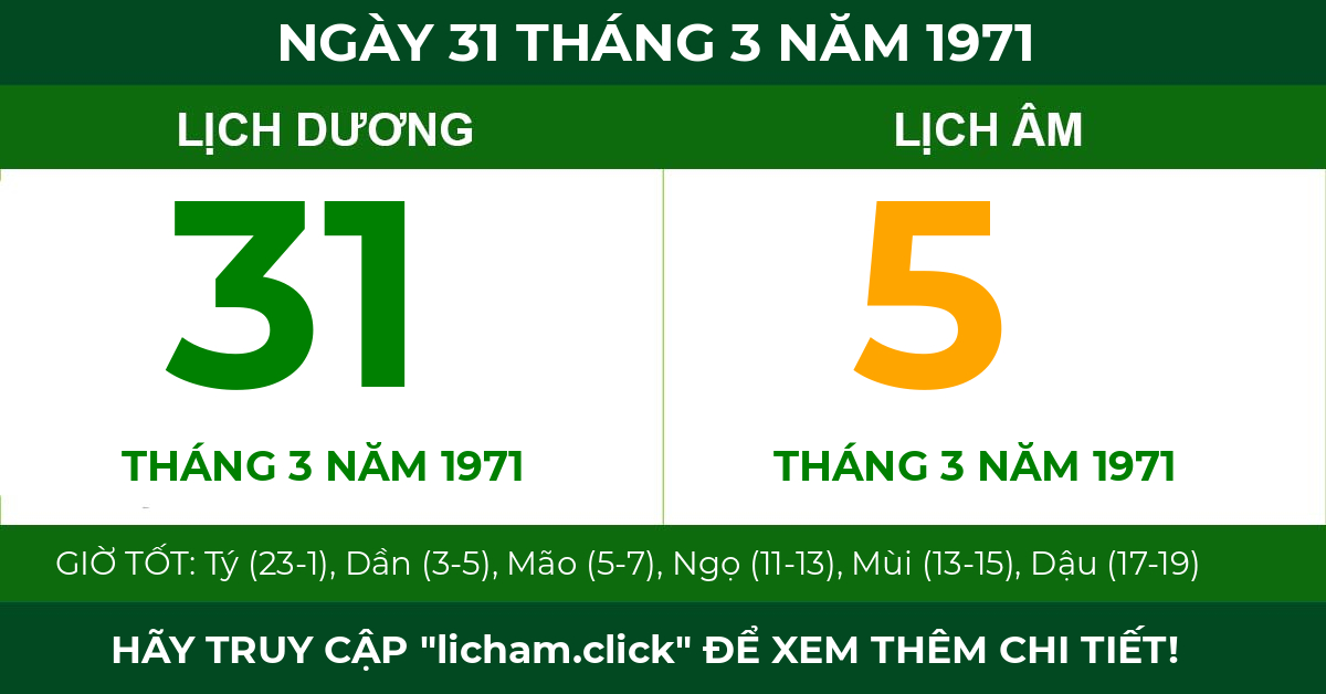 lịch âm ngày 31 tháng 3 năm 1971
